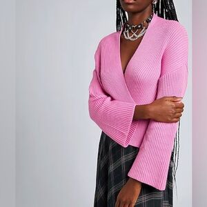 8 by YOOX ORGANIC COTTON CROSS DETAIL KNIT CROP SWEATER PINK SMALL